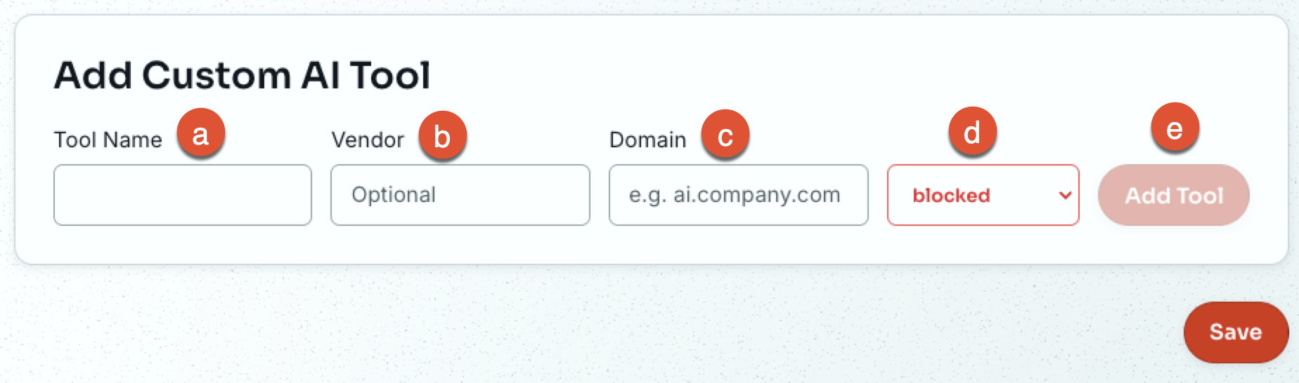 An annotated screenshot of the Add Custom AI Tool section and components
