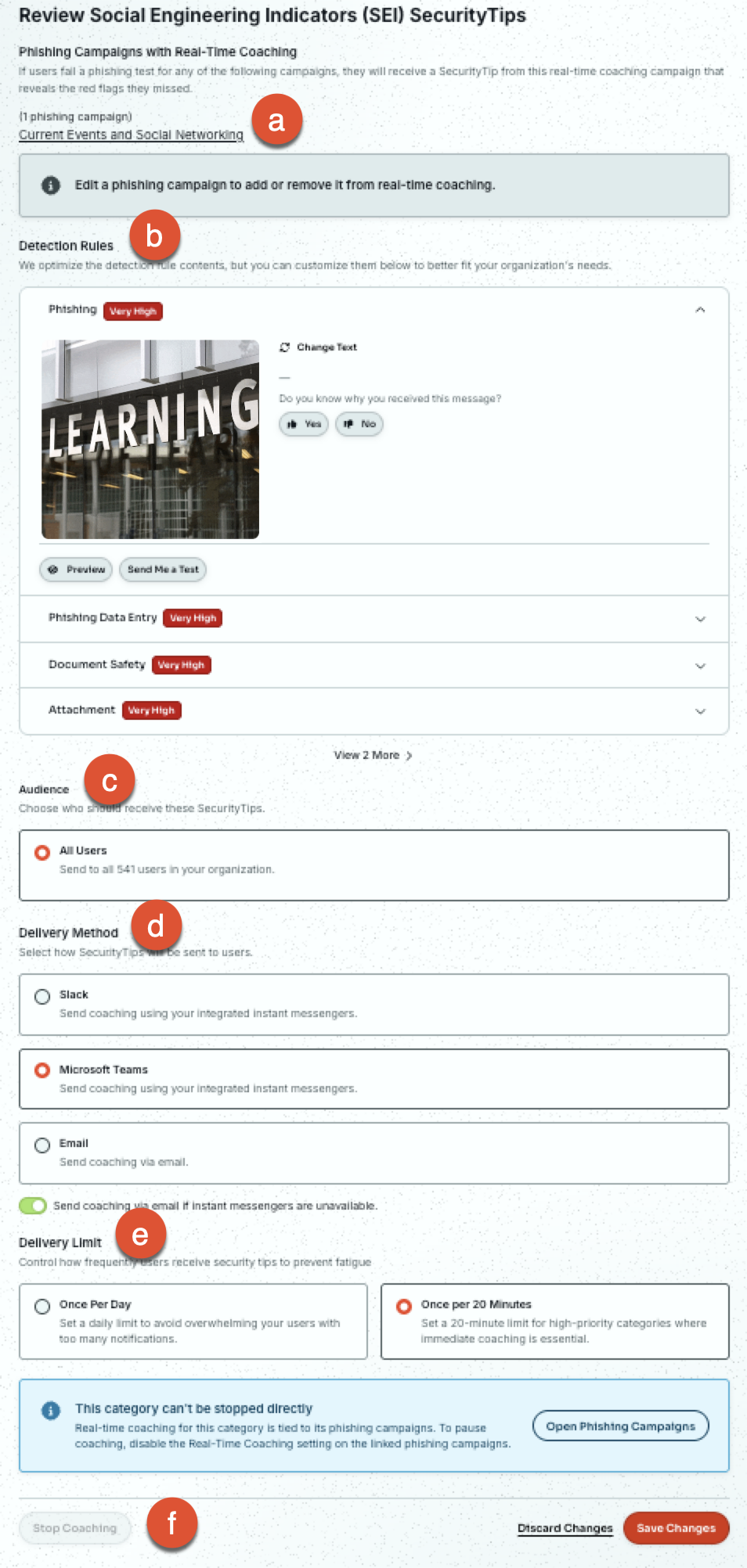 Real-Time Coaching Edit Coaching page for the Social Engineering Indicators (SEI) category, showing the Phishing Campaigns with Real-Time Coaching, Detection Rules, Audience, Delivery Method, and Delivery Limit sections