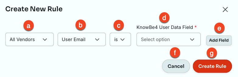 Create New Rule pop-up window showing vendor, identifier, and operator criteria fields