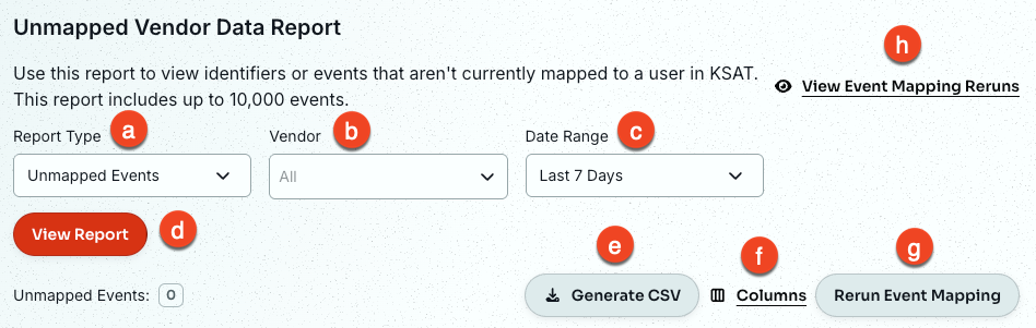 Unmapped Vendor Data Report showing the Unmapped Events report type options