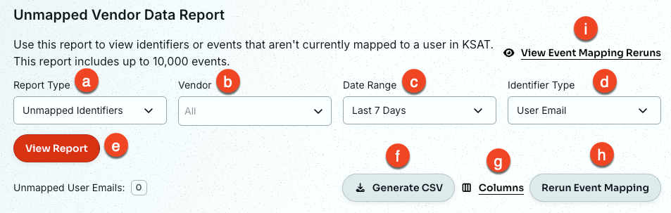 Unmapped Vendor Data Report showing the Unmapped Identifiers report type options
