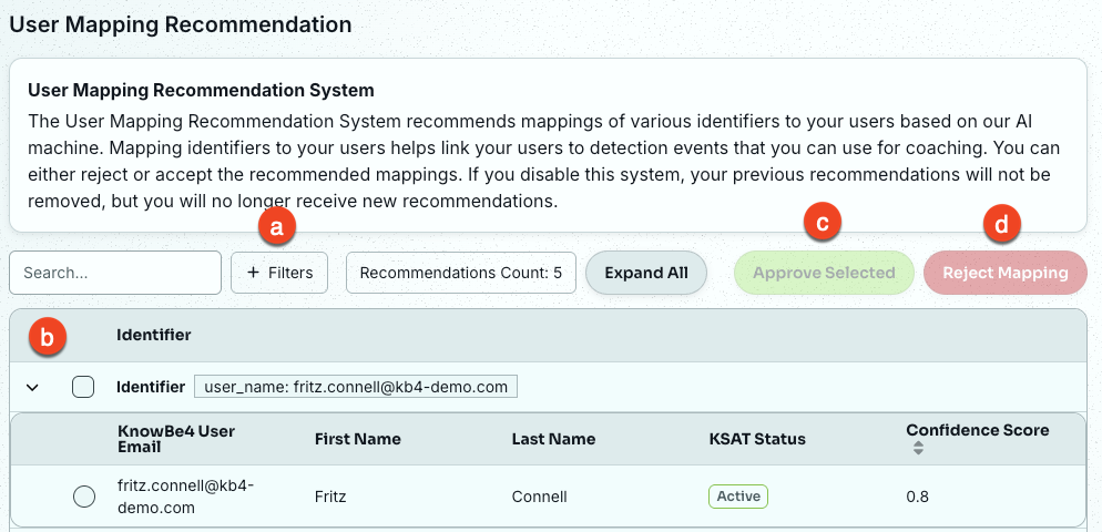 User Mapping Recommendations table with filters, confidence scores, and approve/reject actions