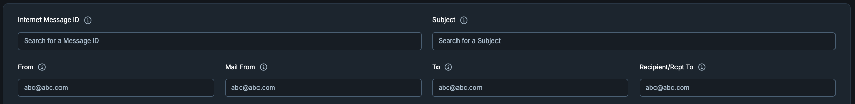 Basic Filters fields: Internet Message ID, Subject, From, Mail From, To, and Recipient/Rcpt To