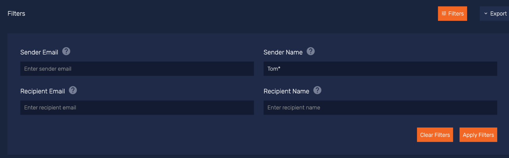 Text fields for Sender, Sender Name, Recipient Email, and Recipient Name filters