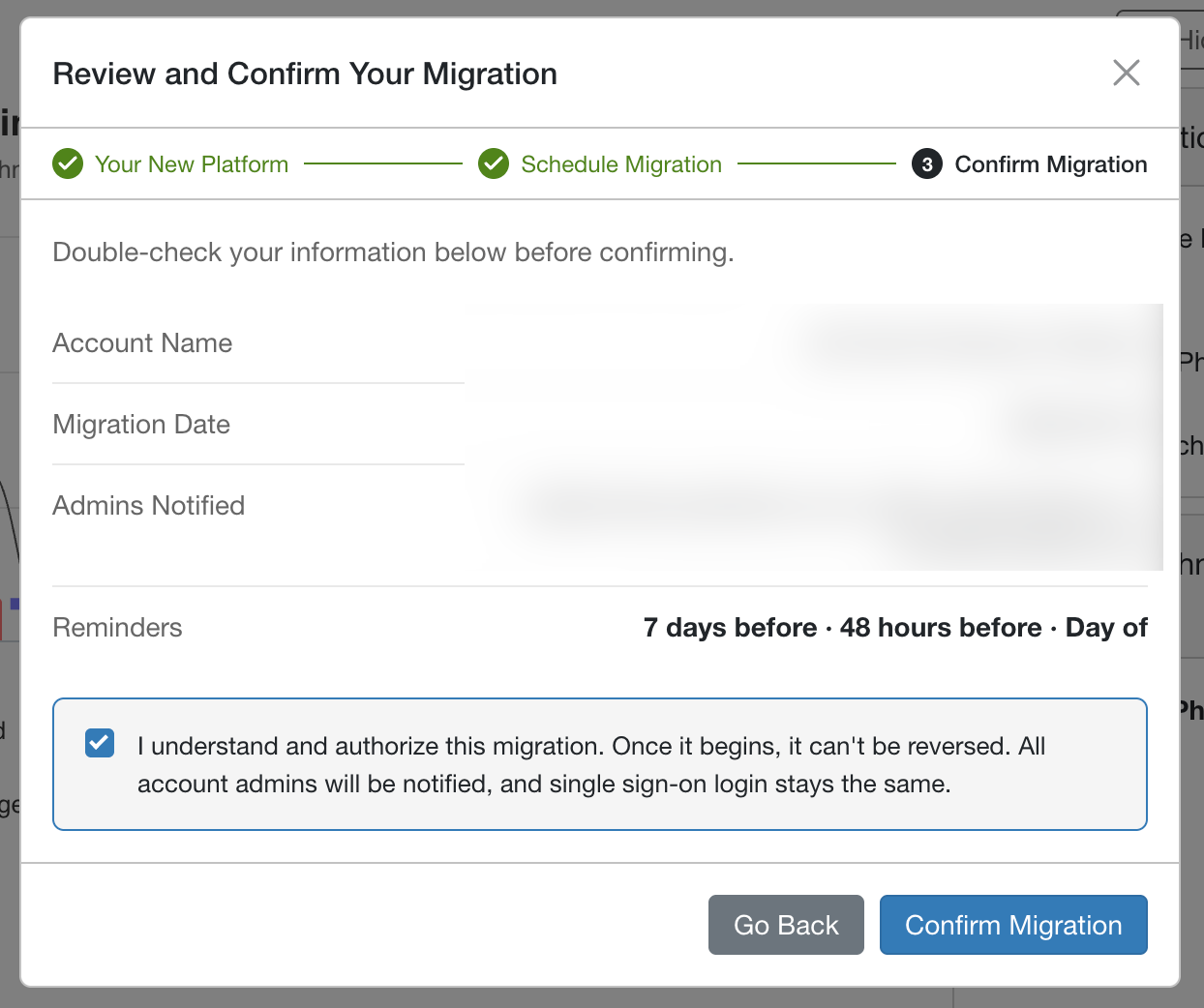 Confirm Migration window