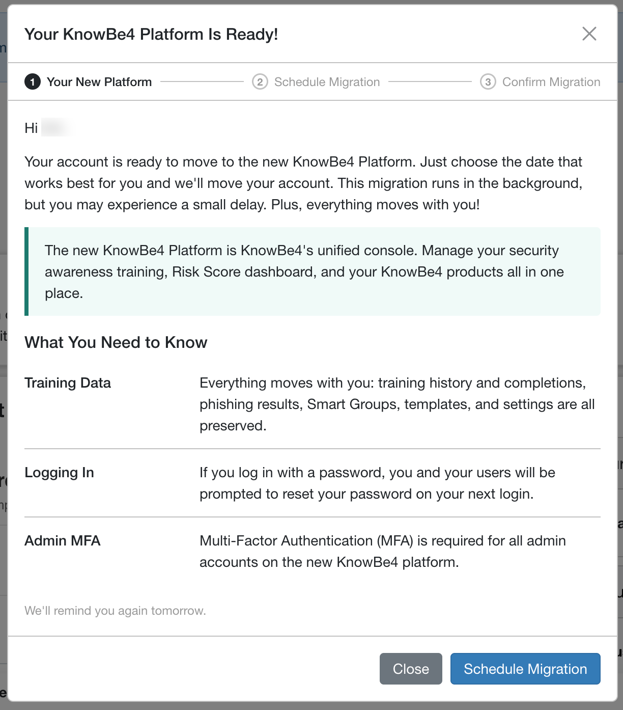 Migration information pop-up window