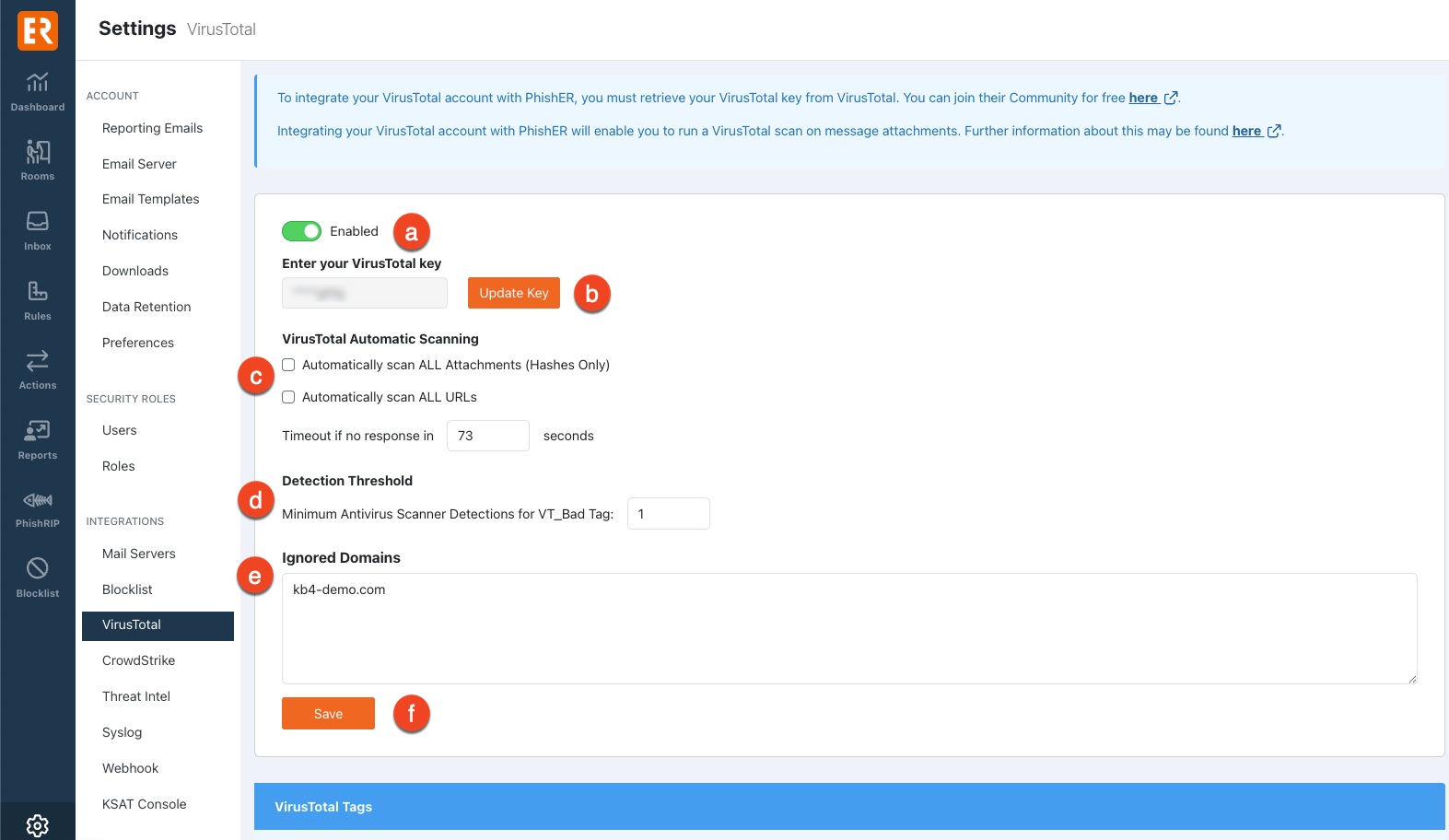 PhishERコンソールとVirusTotalの連携 – KnowBe4 ナレッジベース