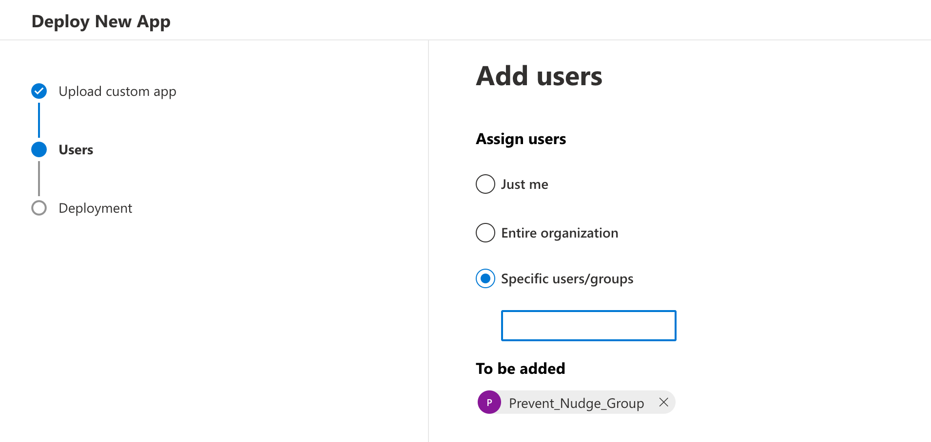 An image of the Microsoft 365 admin console where the created nudge group has been selected as the group to apply the add-in to.