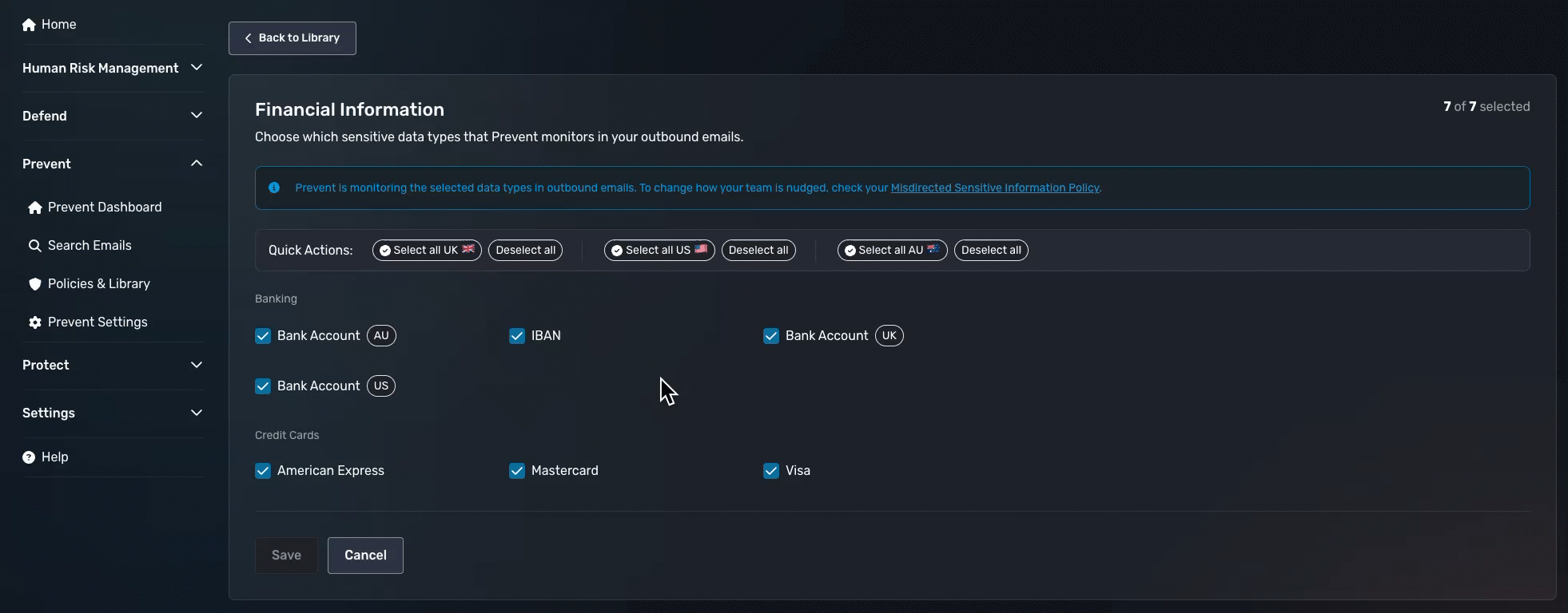 Sensitive financial information options.