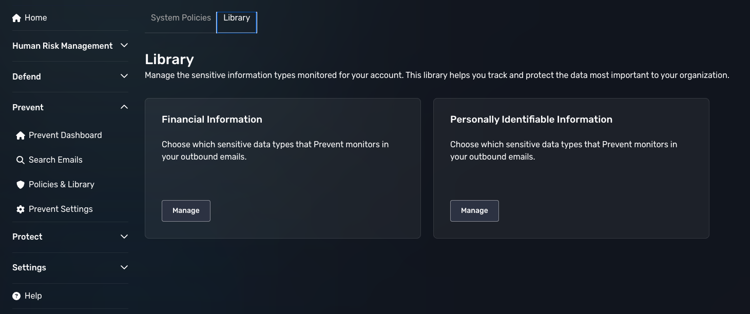 Main library page where you can manage sensitive information types for your account.