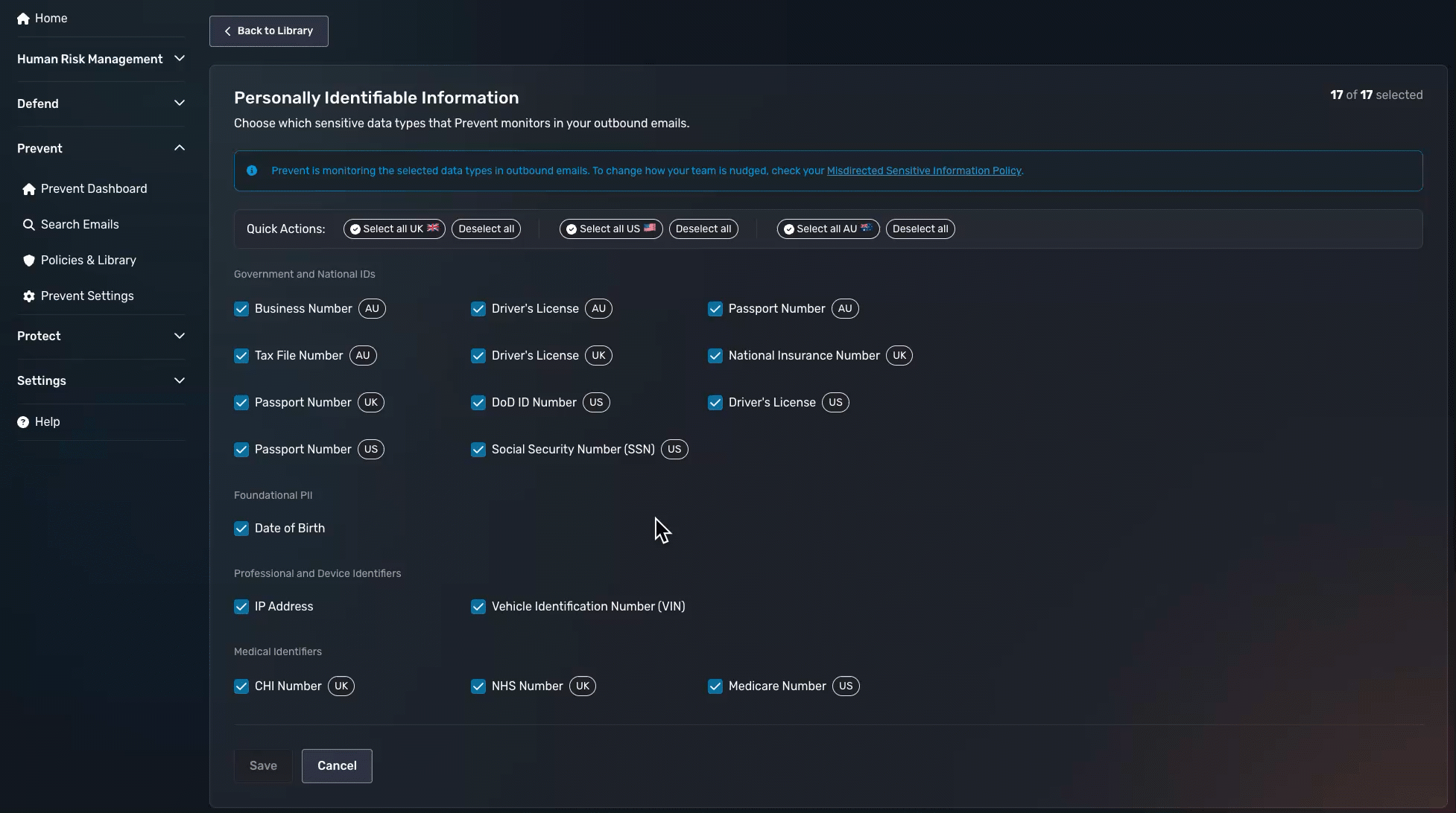 Sensitive personal identifiable information options.