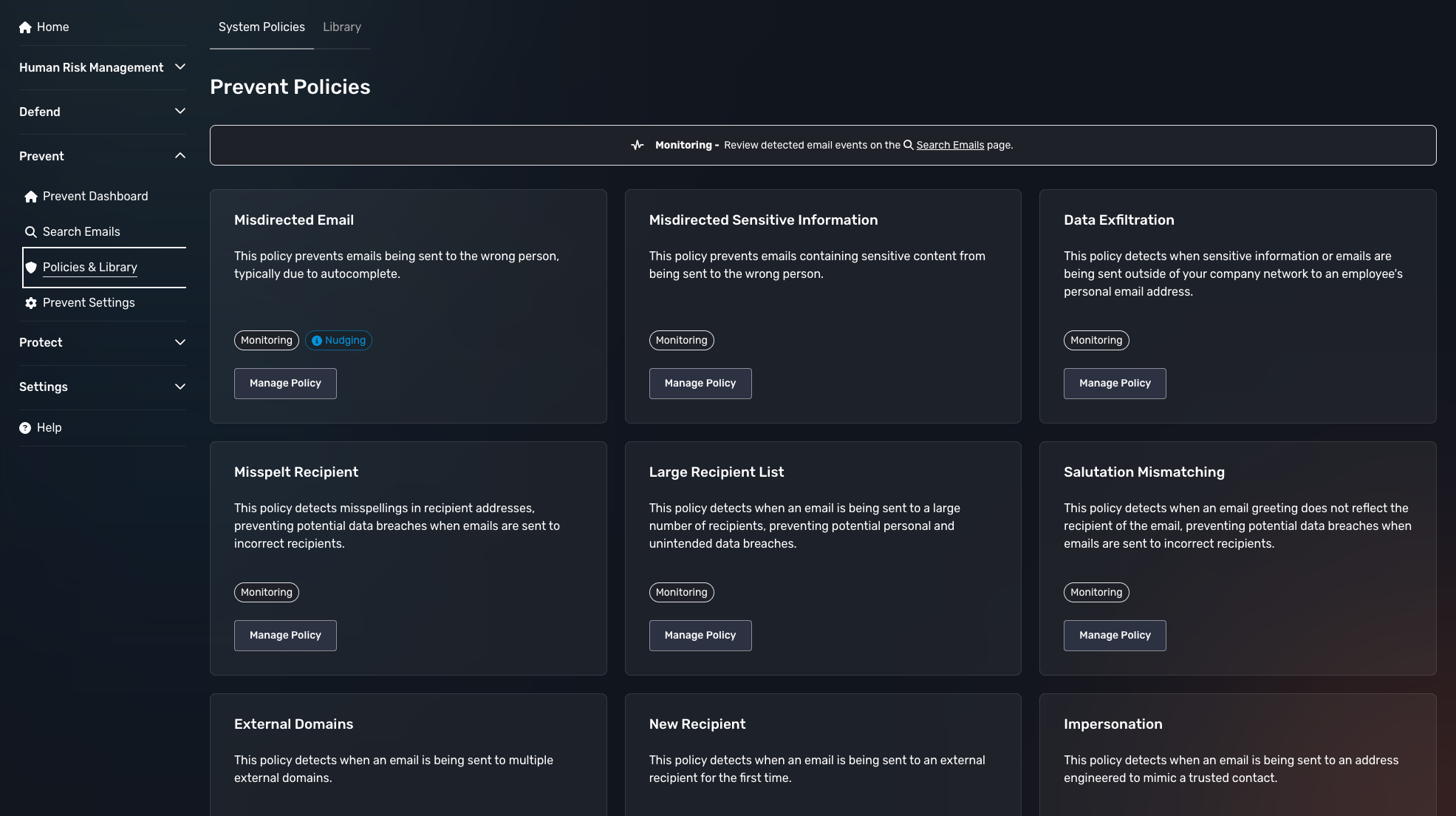 Main page listing all of the policies for Prevent.