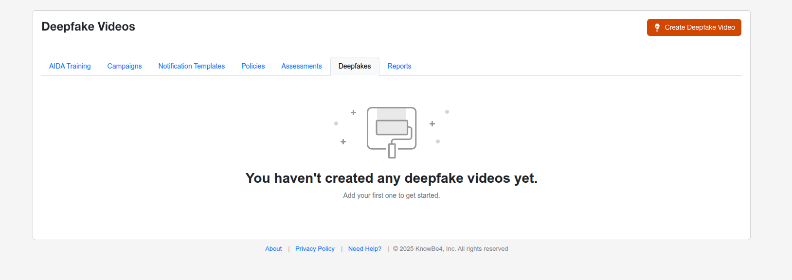 Deepfakes tab where no deepfakes are listed as none have been created yet.