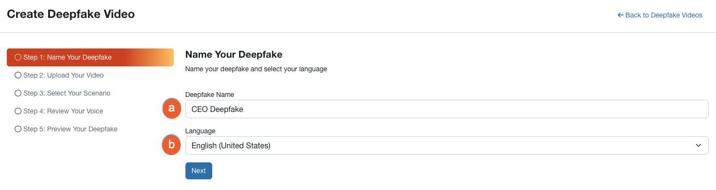 First step on the Create a Deepfake page. In this step, you will name the video and set the language.