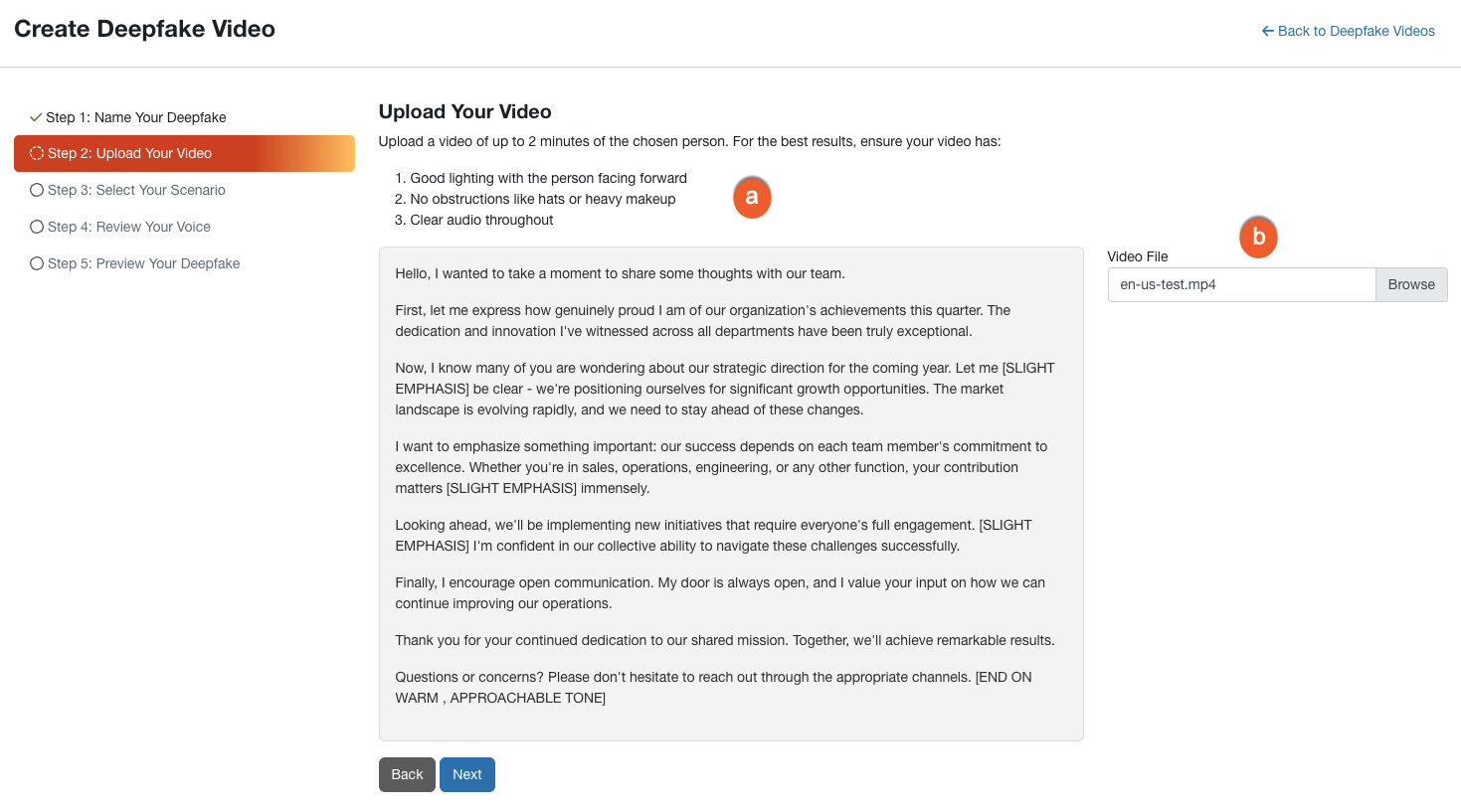 Second step on the Create a Deepfake page. In this step, you will upload the source video of the person you want to feature.