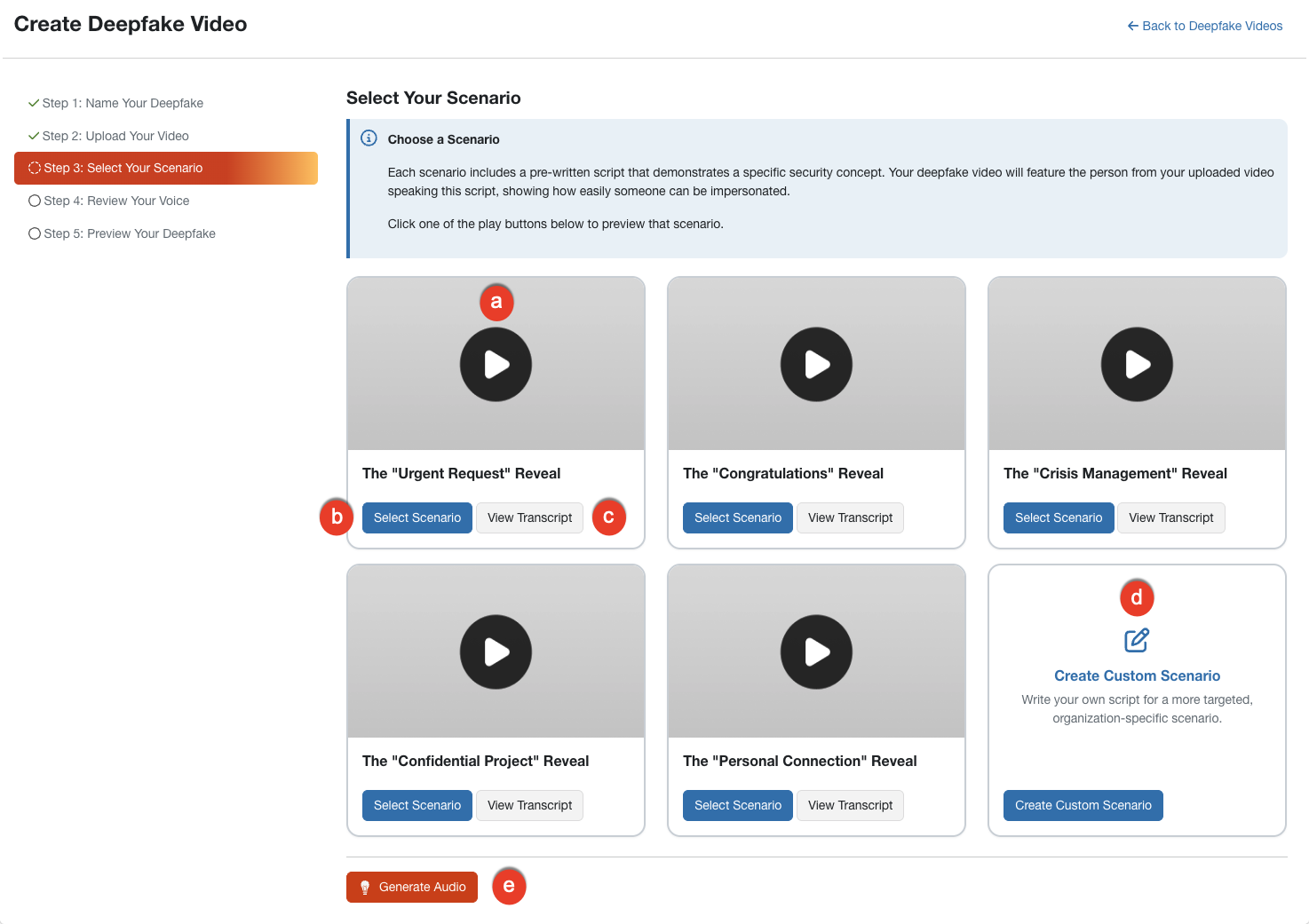 Third step on the Create a Deepfake page. This is where you select a training scenario for your deepfake video.