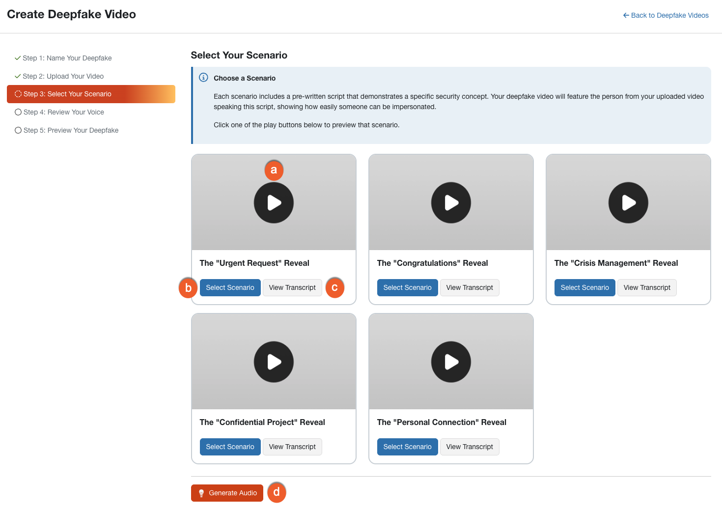 Third step on the Create a Deepfake page. This is where you select a training scenario for your deepfake video.