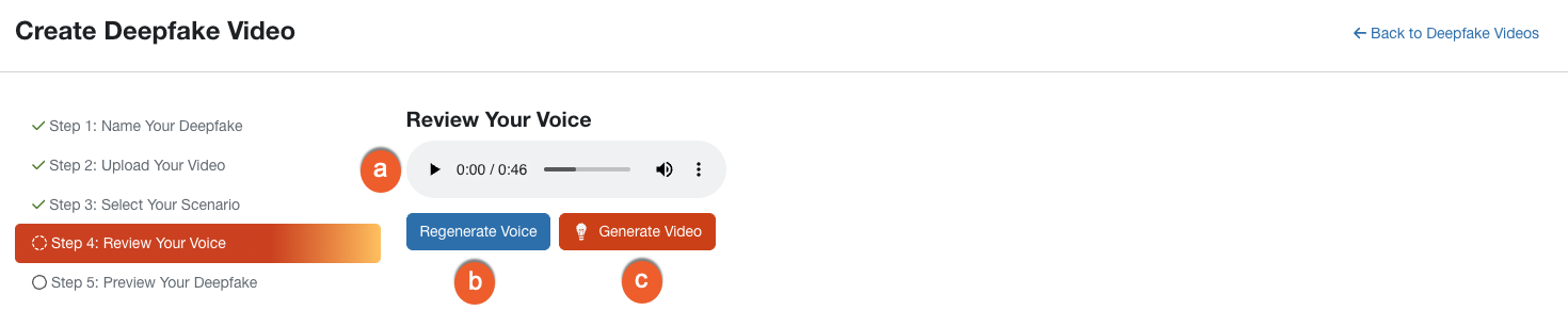 Fourth step on the Create a Deepfake page. A media control bar that allows you to preview the sound of your voice.
