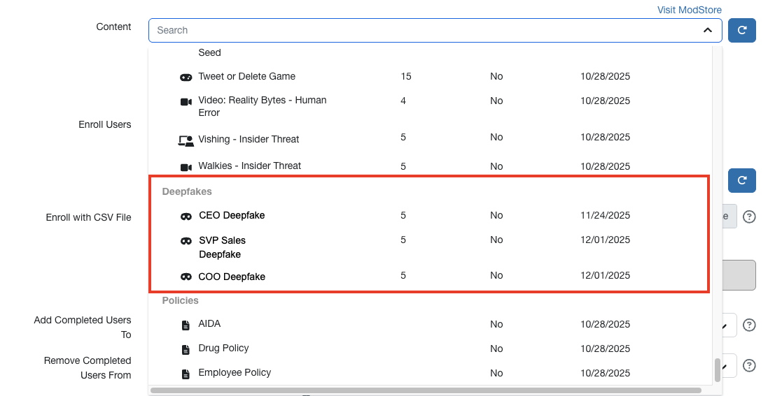 Selecting deepfakes content when creating a training campaign.