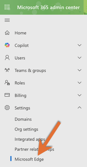 A webpage side menu titled Microsoft 365 admin center, with the Settings tab expanded and with an arrow pointing to the Microsoft Edge selection underneath