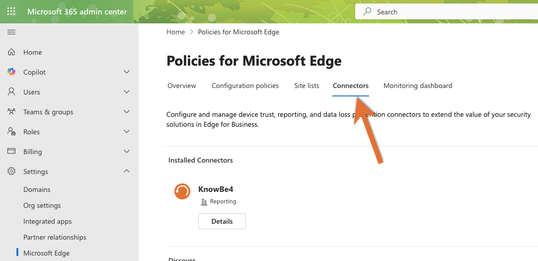 A webpage titled Policies for Microsoft Edge, with an arrow pointing to a tab labelled Connectors