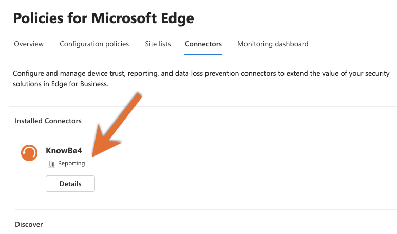 A webpage titled Policies for Microsoft Edge, with the tab titled Connectors expanded. There is an arrow pointing to a section titled Installed Connectors.