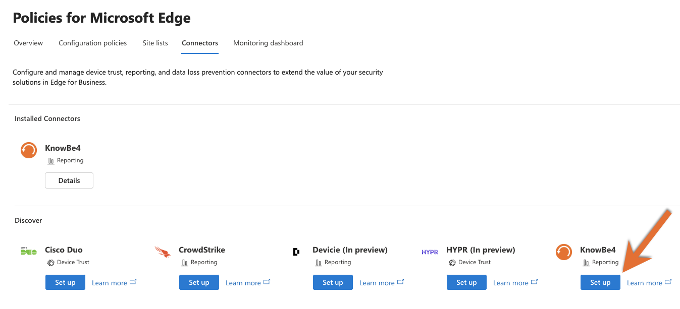 A webpage titled Policies for Microsoft Edge, with the tab titled Connectors expanded. There is an arrow pointing to a section titled Discover, and a button labelled Set up.