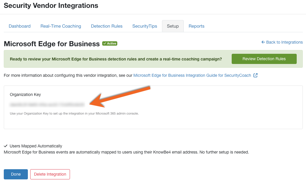 A webpage titled Microsoft Edge for Business, with an arrow pointing to the middle of the page and where the Organization Key value is located